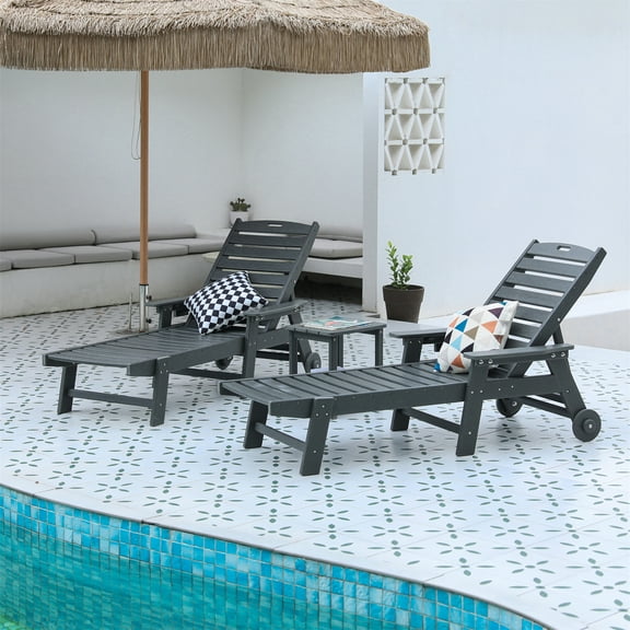 Aukfa 3 Pcs Outdoor Patio Chaise Lounge w/ Coffee Table&Cup Holder, Adjustable Backrest, HDPE, Gray
