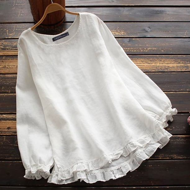 ICHUANYI Clearance Women's Fashion Solid Color Long Sleeves Blouse Round Neck Side Of Casual Tops(White, L) ICHUANYI WER2023080909249