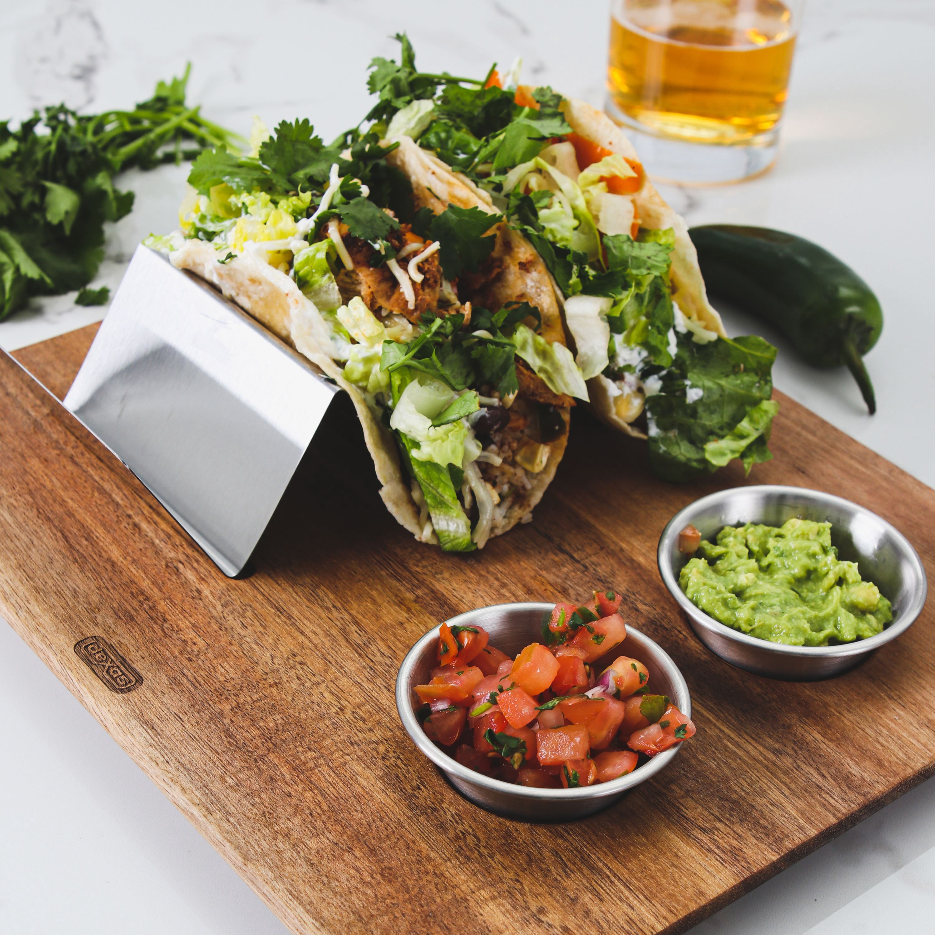 Dexas Acacia Wood Taco Serving Board with Two 2oz Stainless Steel Cups and Taco Holder