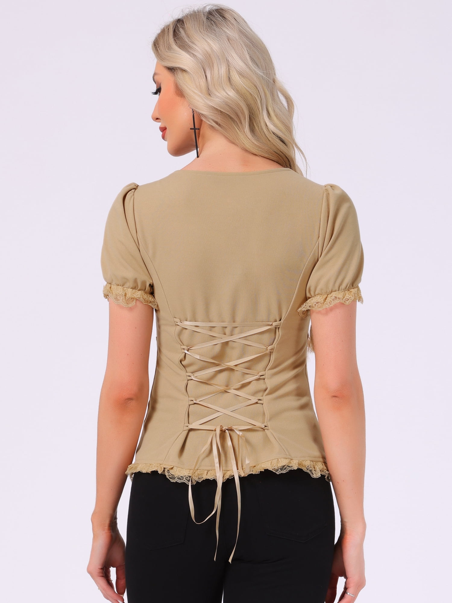 DARING DIVA Sweetheart Neck Puff Sleeve Lace-up Blouse XS Khaki