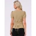 thumbnail image 3 of DARING DIVA Sweetheart Neck Puff Sleeve Lace-up Blouse M Khaki, 3 of 7