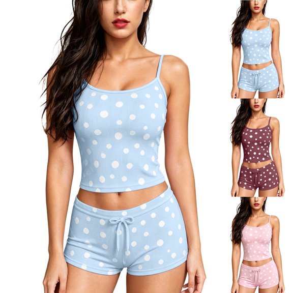 Jowdiw Women Pajama Set Polka Dot Print Cami Shorts Set Drawstring Lounge Sleepwear Two Piece Home Wear