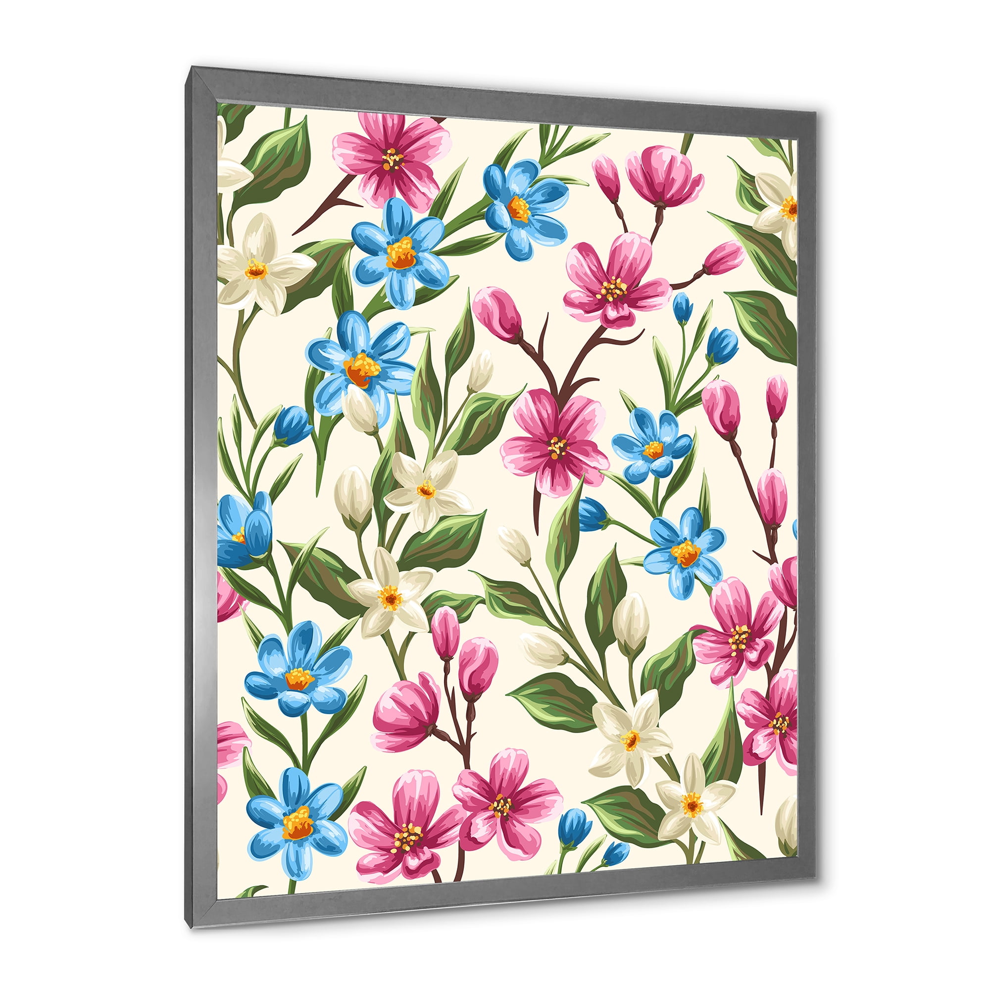 Designart 'Vintage Blue and Pink Wildflowers' Traditional Framed Art Print