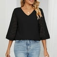 thumbnail image 2 of tklpehg 3/4 Sleeve Womens Tops Relaxed Fit Comfortable V Neck Three Quarter Sleeve Lace Flare Sleeve Shirts Leisure Solid Color Tunic Tops Blouse Black 12(XXL), 2 of 6