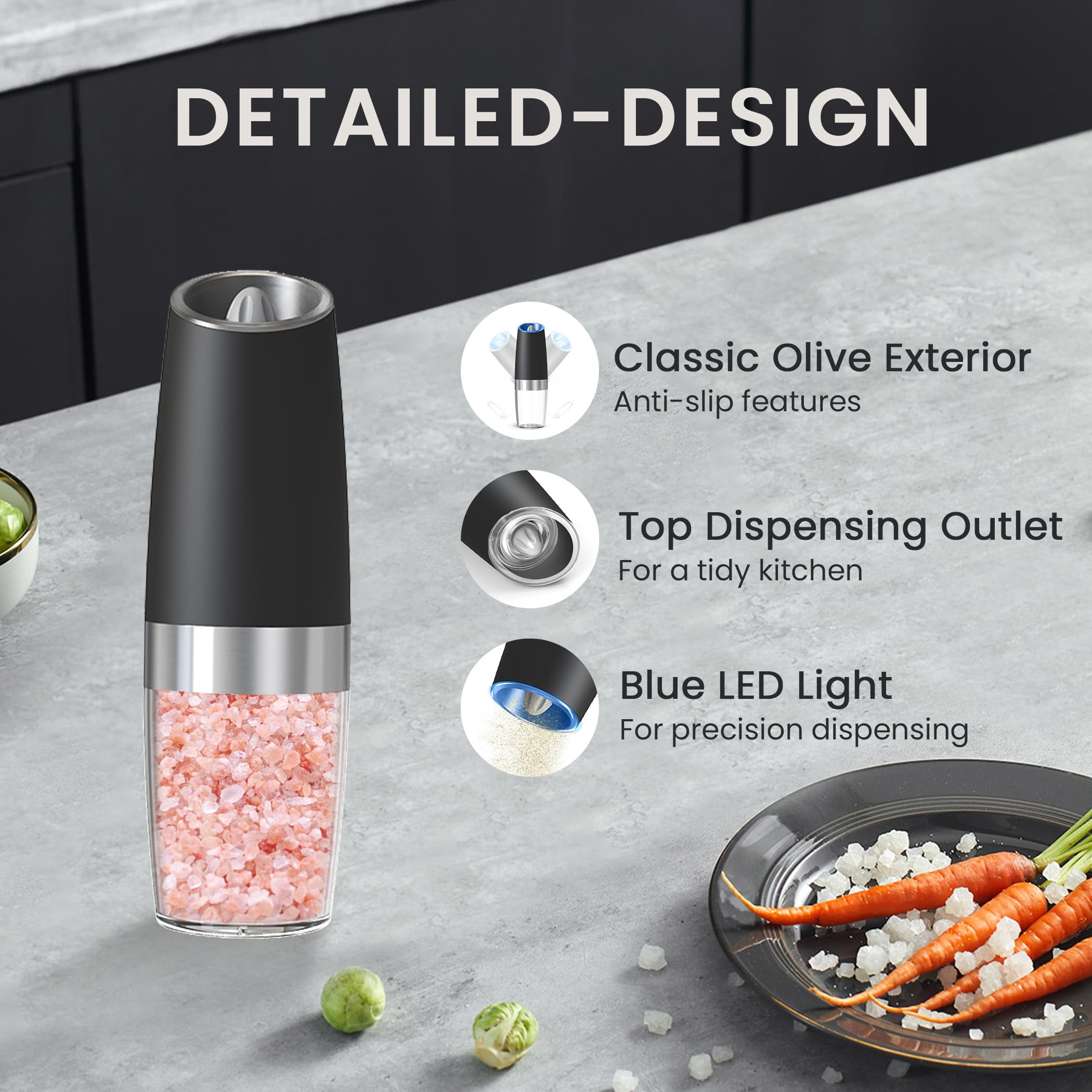 Gravity-Activated Electric Salt and Pepper Grinder Set,Grade ABS Construction, Easy-Clean Washable Hoppers, Ideal for Arthritis Users, 2 Pack, Black