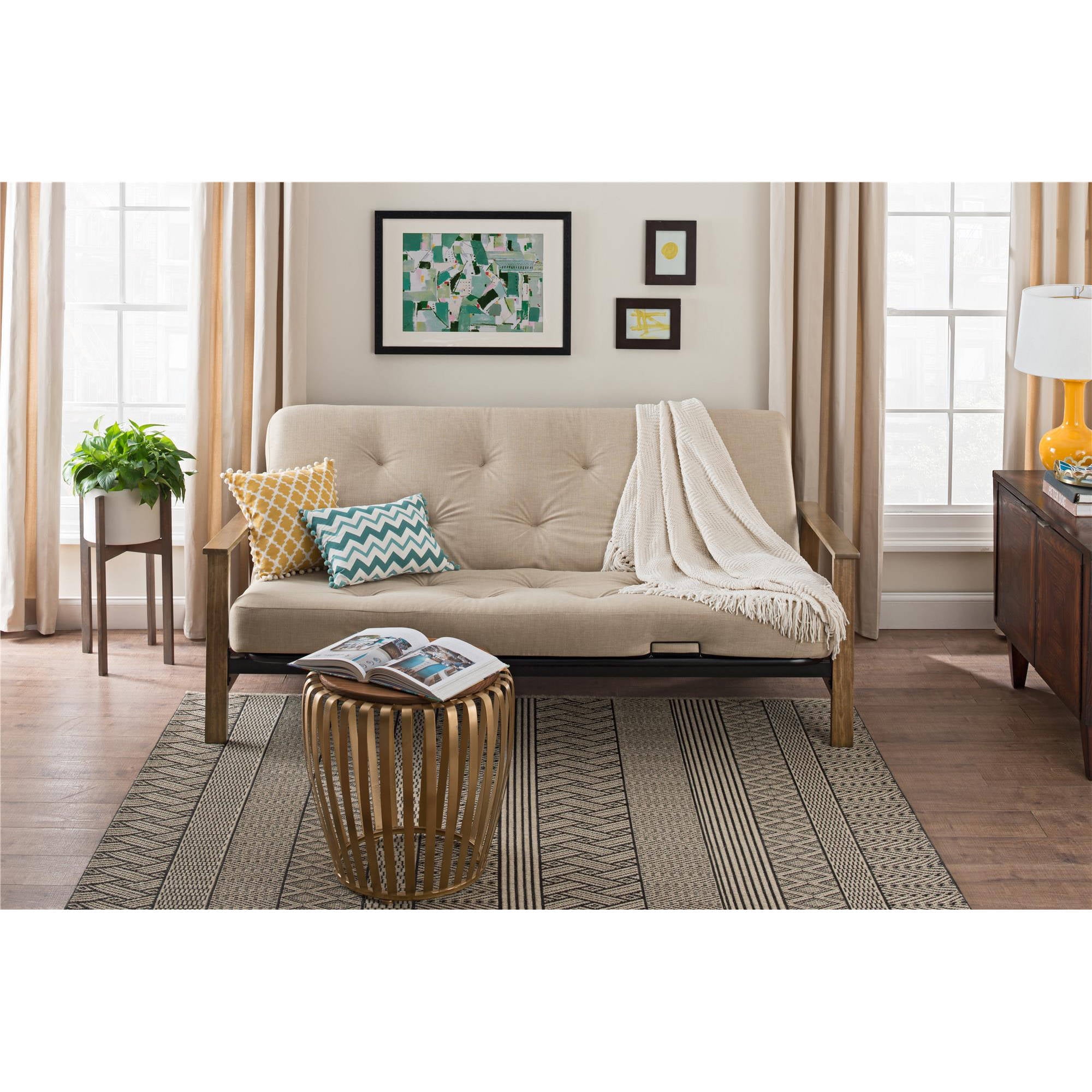 Dhp Bergen Wood Arm Futon With 6 Coil Mattress Tan Linen Com