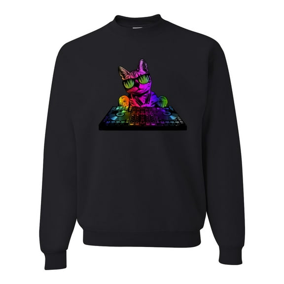 Neon Retro Rainbow DJ MC Hip Hop Cat | Mens Cat Lover Crewneck Graphic Sweatshirt, Black, Small