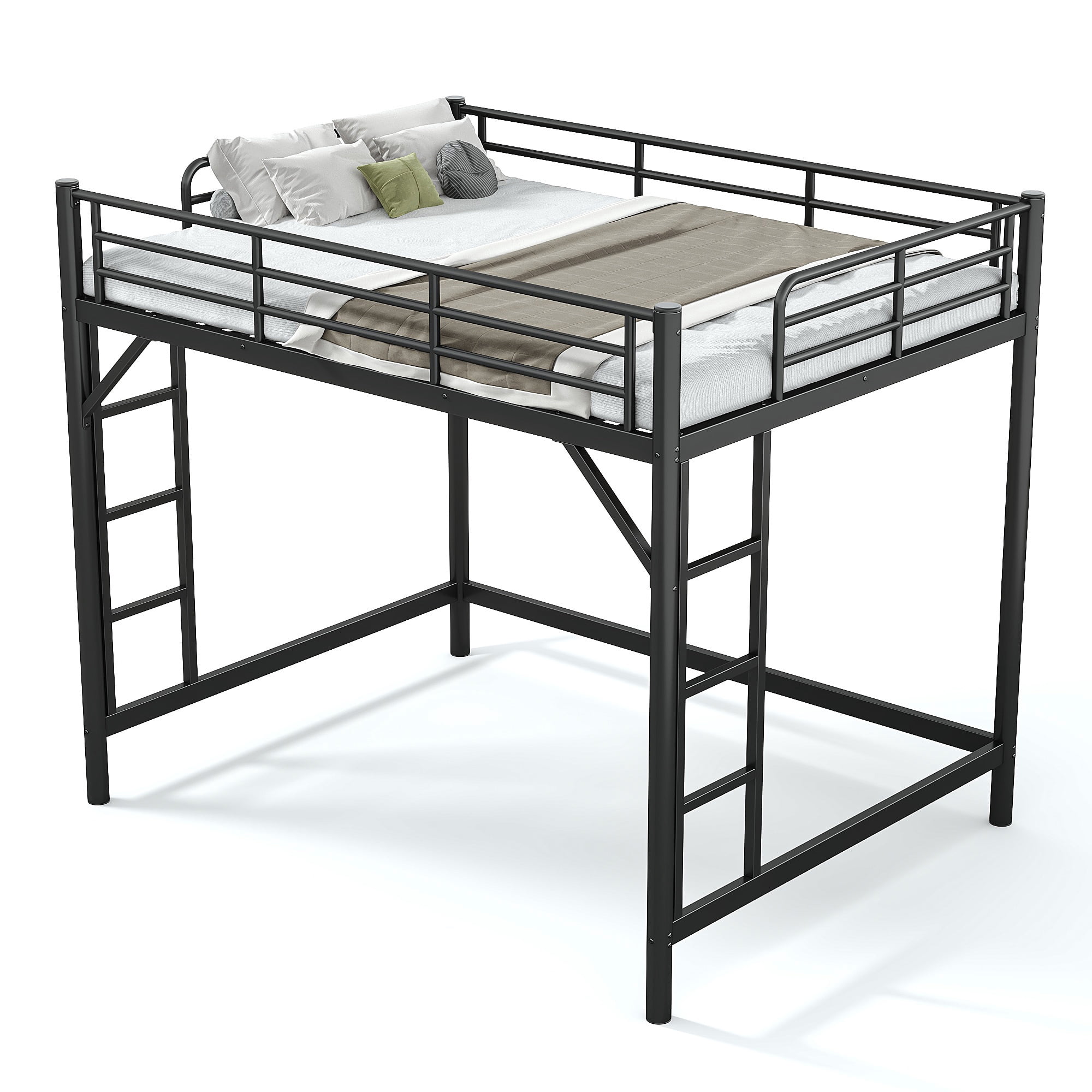 Mintazer Queen Metal Loft Bed Frame with Side Ladders & Guardrails for Teens Adults, No Box Spring Needed, Black