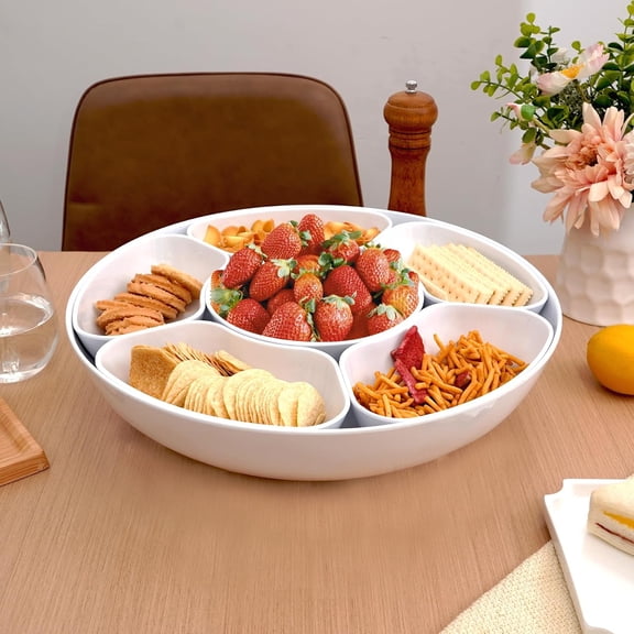 Taco Bar Serving Set, Melamine Serving Platter with Lazy Susan, Serving Tray and Bowls, Taco Tuesday Kit Snack Holder for Party and Fiesta, White