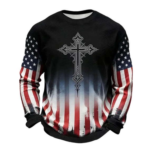 Mens Sweatshirt Flag Motif Crew Neck Hoodless Long Sleeve Pullover Relaxed Style for Autumn Winter