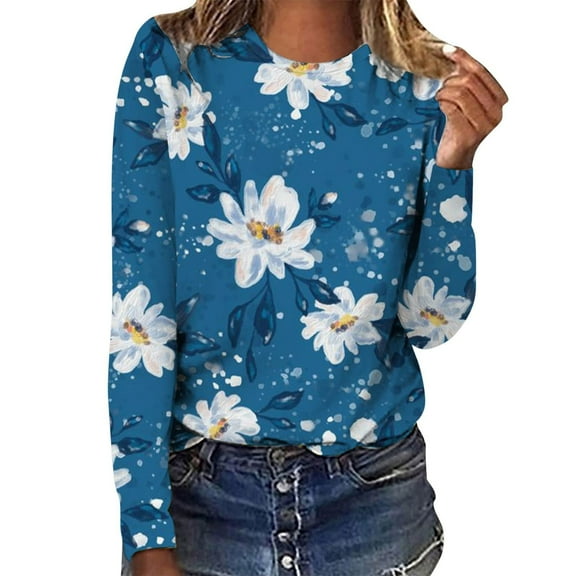 IROINNID Reduced Womens Long Sleeve Tops Printed Loose T-shirt Blouse Round Neck Lounge Tops,Blue