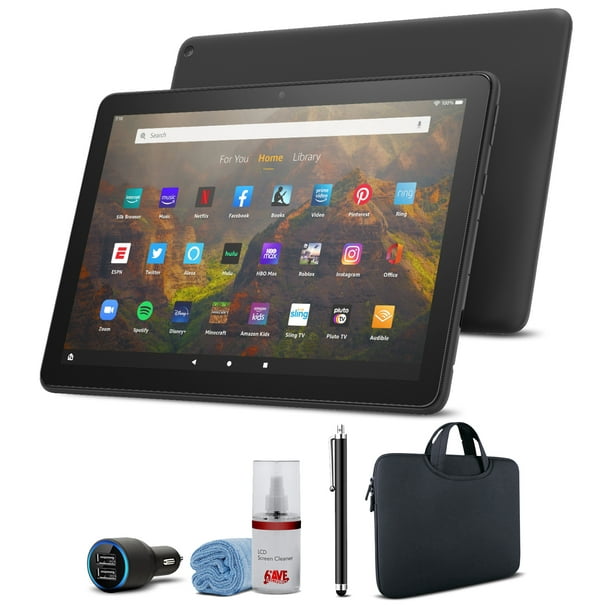 Tablette  Fire HD 10 32 Go 10,1 (2021) - Ensemble noir avec pochette  à fermeture éclair + adaptateur de voiture USB + stylet + nettoyeur d'écran  