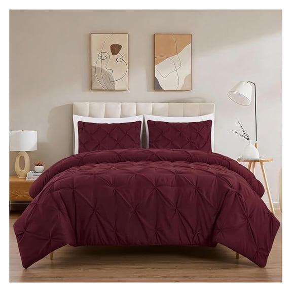 Berlin Burgundy Pinch Pleat King Comforter Set, 3-Piece (Comforter and Pillow Shams) - Soft Pintuck, Lightweight All Season Microfiber Bedding