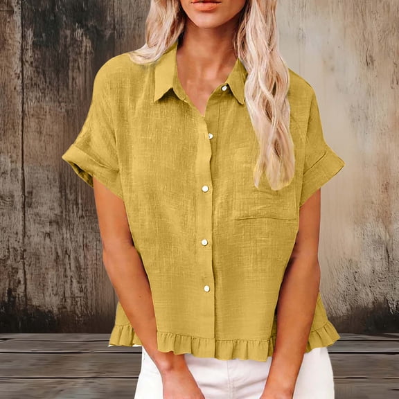 HongQid Womens Button Down Shirts Ruffle Short Sleeve Loose Summer Tops Dressy Casual V Neck Lapel Blouses