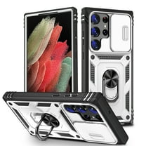 Military Grade Drop Impact for Samsung Galaxy S23 Ultra Camera Lens Slide Protection Case 360 Metal Rotating Ring Kickstand Holder Armor Shockproof Case For Samsung Galaxy S23 Ultra, White Black