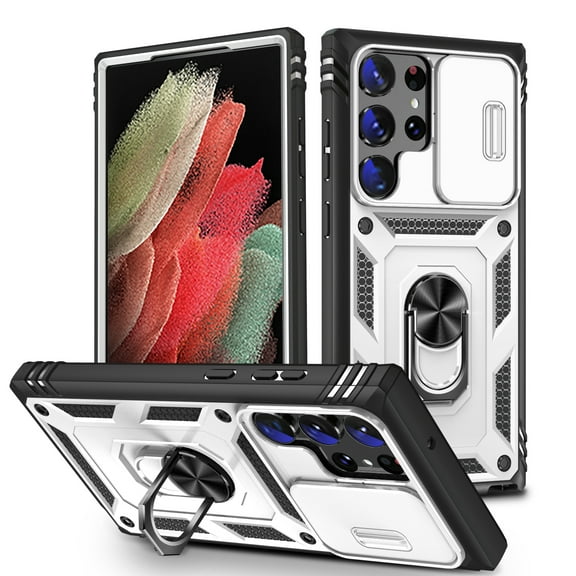 Military Grade Drop Impact for Samsung Galaxy S24 Ultra Camera Lens Slide Protection Case 360 Metal Rotating Ring Kickstand Holder Armor Shockproof Case For Samsung Galaxy S24 Ultra,
White Black