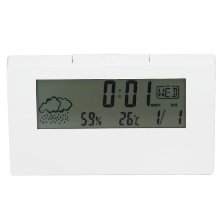 YAHHU Digital Alarm Clock White LCD Display Time Date Temperature Humidity Snooze Function Bedside Electronic Table Clock Portable Travel Size 5.3in Modern Design