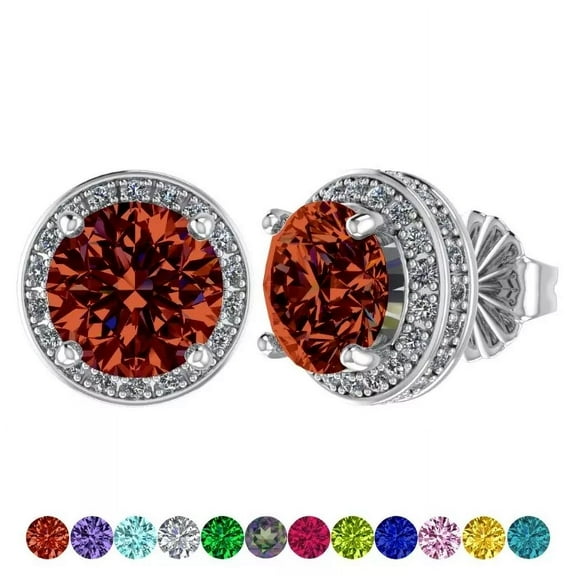Solid 925 Sterling Silver & Gold Halo Birthstone Earrings with Pure Brilliance Zirconia - Hypoallergenic, Rhodium Plated, January - Simulated Garnet