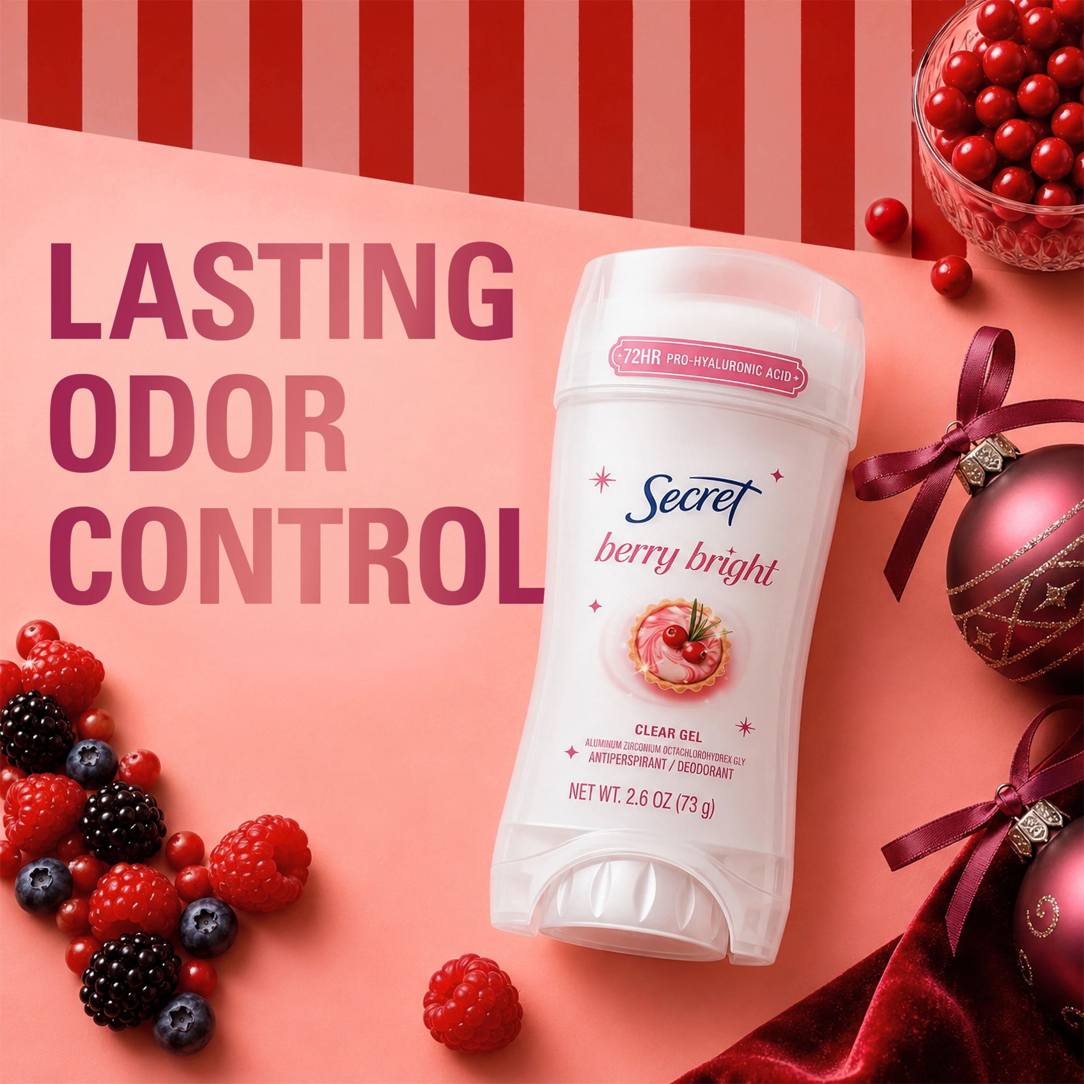 Secret 72HR Holiday Fresh Antiperspirant & Deodorant, Pro-Hyaluronic Acid, Clear Gel, Berry Bright 2.6oz