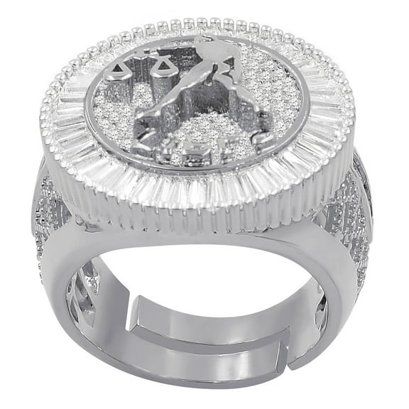 14K White Gold Finish Baguette/Round Cut Simulated Diamond Libra Scales Zodiac Sign Astrology Mens Ring Band