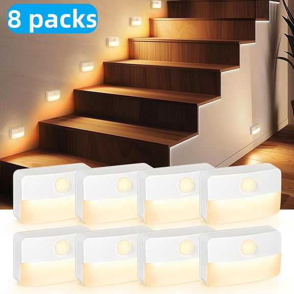 6 Pack Motion Sensor Night Light for Indoor:Battery Operated Stair Lights LED 3000k Step Lights - Motion Sensor Lamp for Cabinet Closet Hallway Bedroom Stairs (Battery Powered)