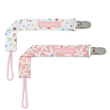 BooginHead PaciGrip by Infantino, Universal Pacifier Clips, Infant & Toddler Girls, Pink Daises, 2-Pack