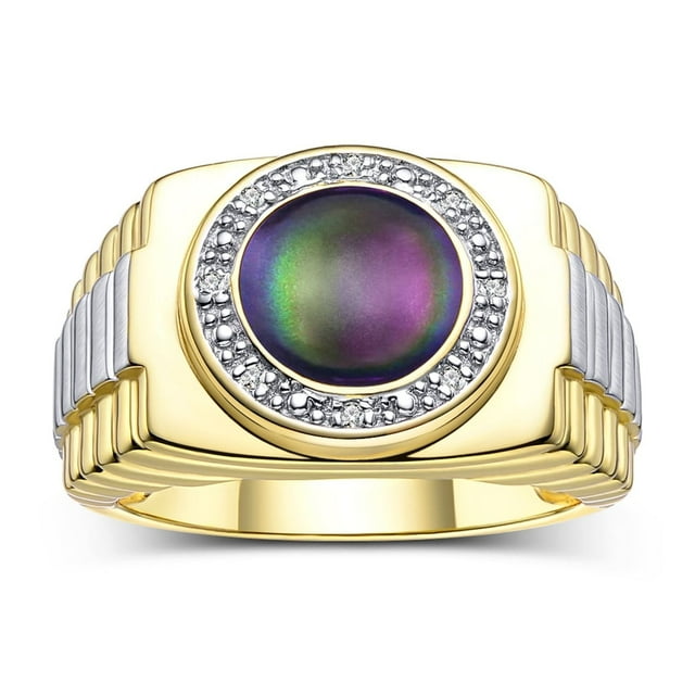 RYLOS Men's Rings 14K Yellow Gold Ring Cabochon Gemstone & Diamonds Designer Style Alexandrite Rings For Men Size 12