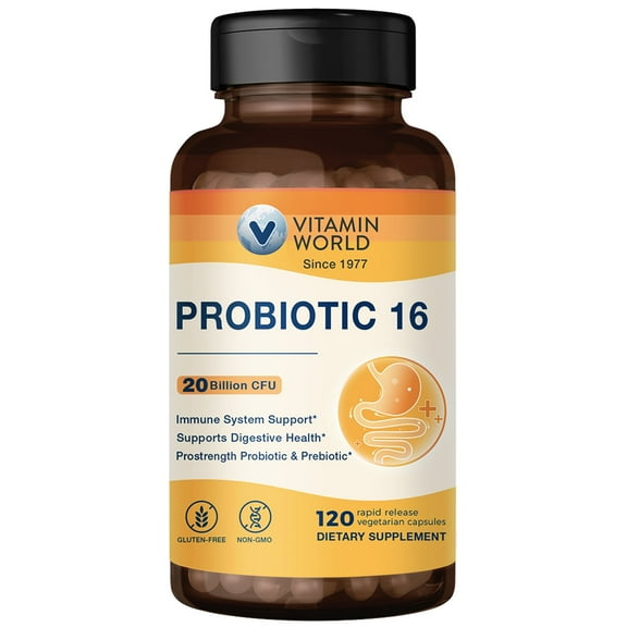 Vitamin World Probiotic 16, 20 Billion CFU, 16 Strains with Prebiotic Fiber for Digestive & Immune Health, Probiotics for Women & Men, Non-GMO, Gluten Free, 120 Veggie Capsules, 60 Day Supply