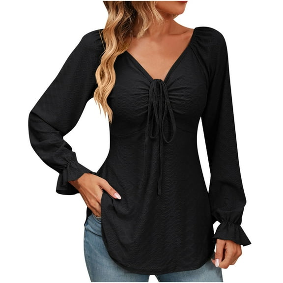 Perfectbot Dressy Tops for Women Bow Tie V Neck Ruched Flowy Shirts Floral Sleeve Elegant Tunic Blouse