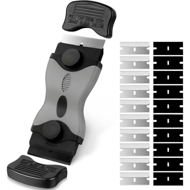 Razor Blade Scraper, 2-in-1 Scraper Tool with 10Pcs Plastic Blades and 10Pcs Metal Blades, Multi-Purpose Cleaning Razor Scraper for Decals, Stickers, Labels, Caulk, Adhesive, Paint Removal(Black)