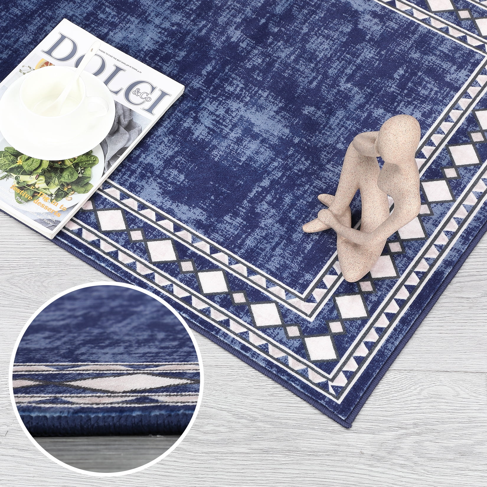 Hasoo Area Rug 5' x 7' Washable Bordered Rug for Living Room Non-Slip Accent Indoor Neutral Carpet Navy