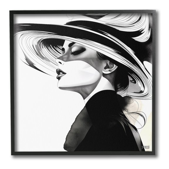 Stupell Industries Woman & Abstract Hat Abstract Painting Black Framed Art Print Wall Art, 24 x 24