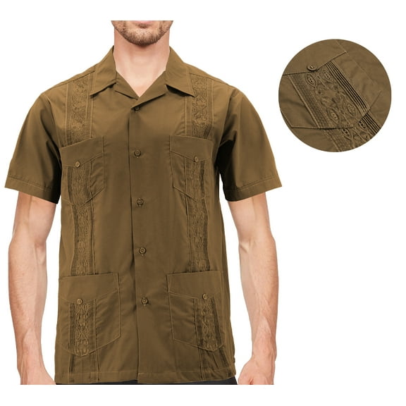 Men's Short Sleeve Brown Guayabera Button Up Cuban Embroidered Dress Shirt (Small)