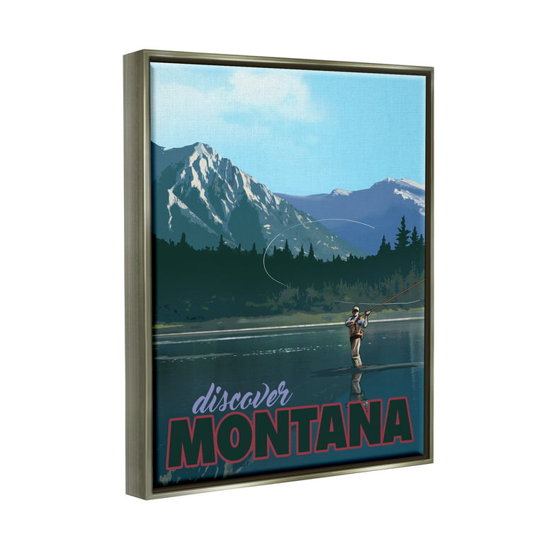 Stupell Industries Montana Travel Fly Fishing Lake Mountains Landscape  Graphic Art Luster Gray Floating Framed Canvas Print Wall Art, Design by  David Owens Illustration 
