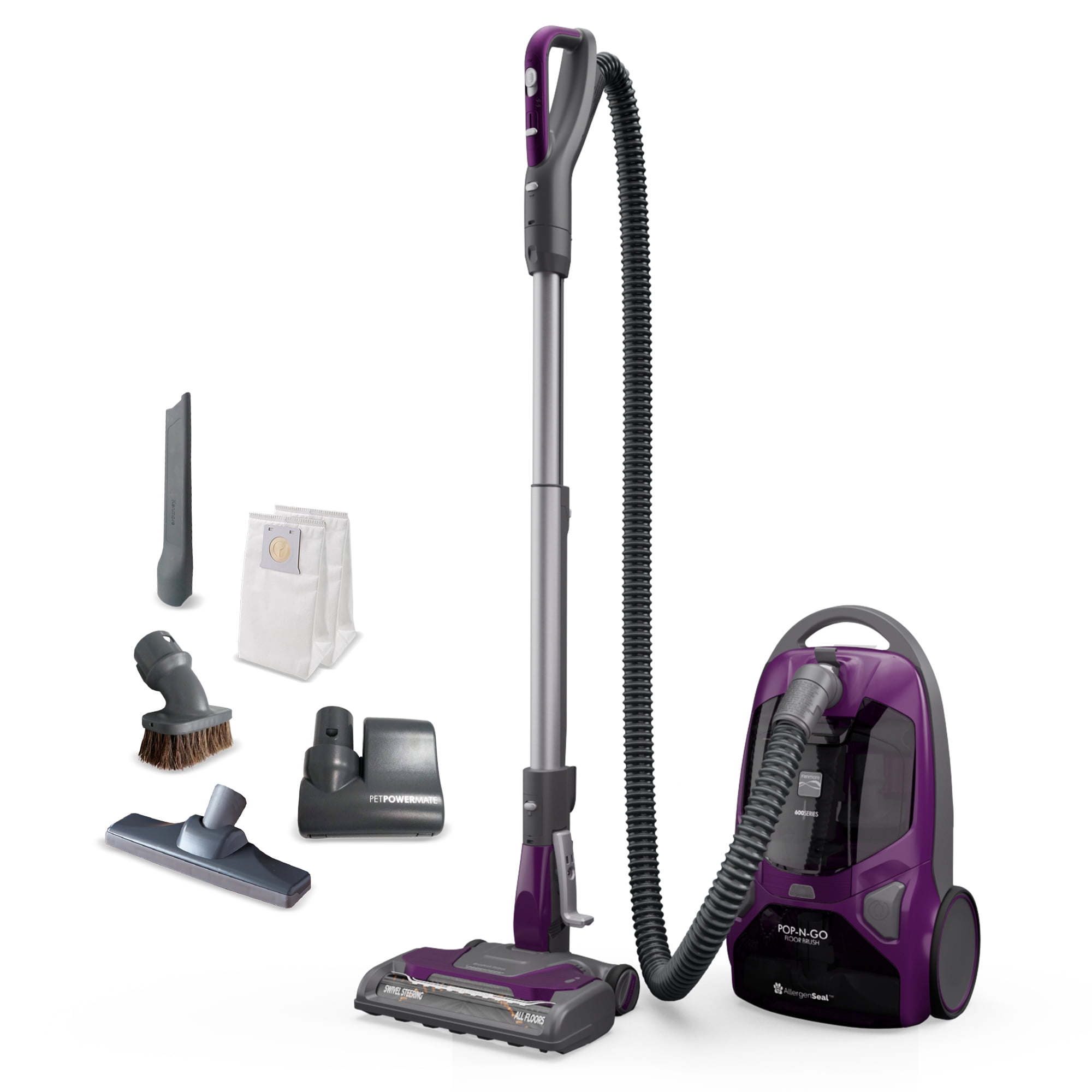 Kenmore POP-N-GO® 600 Series Canister Vacuum, Bagged, 25ft Cord, Hair Eliminator®, HEPA Sealed Filtration, Deep Cleaning, All Floors, BC4031, Purple