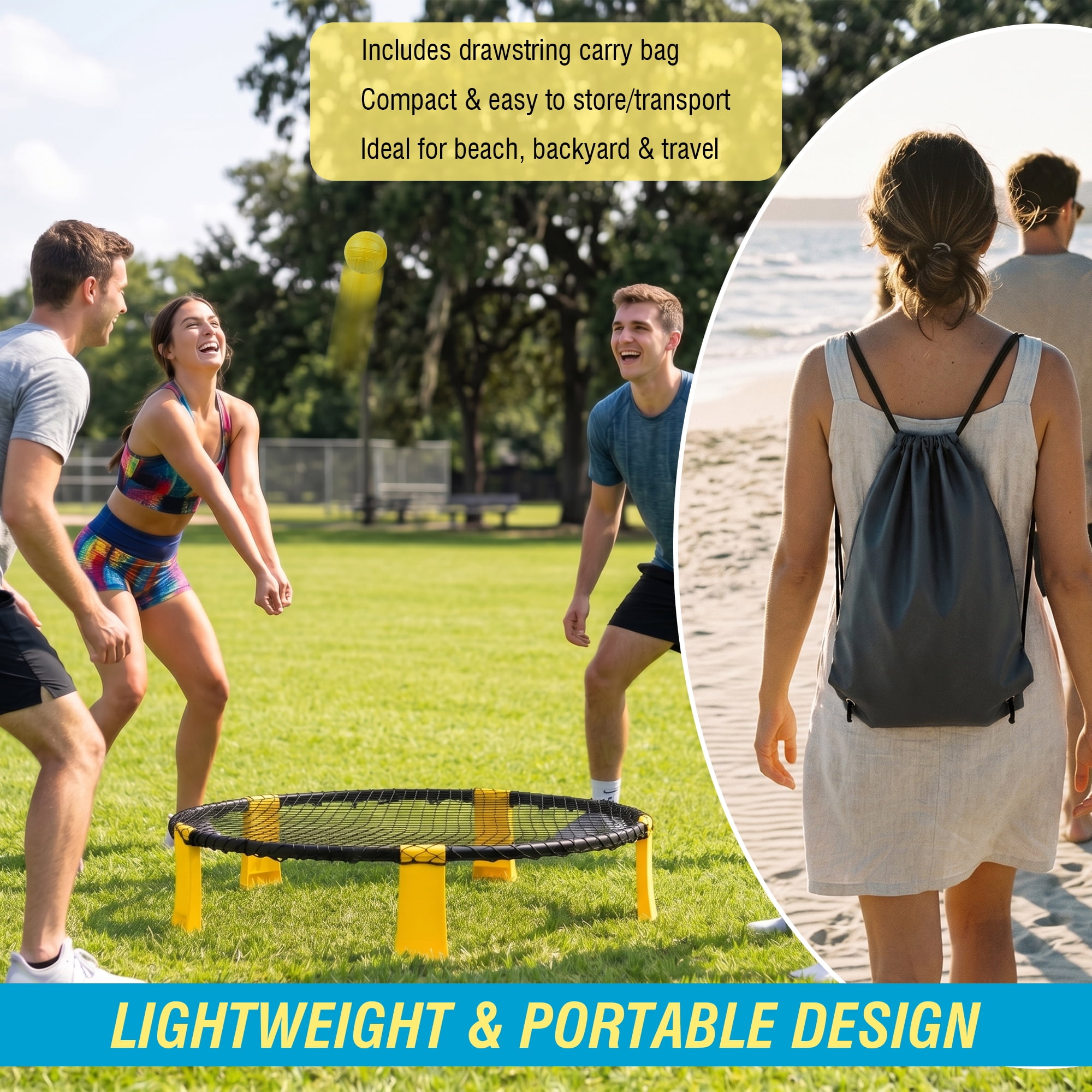 Portable Roundnet Game Set, Complete Kit with 2 Balls, Heavy-Duty Net and Carry Bag, Fun Outdoor Game for Beach Backyard Park Camping Family Parties