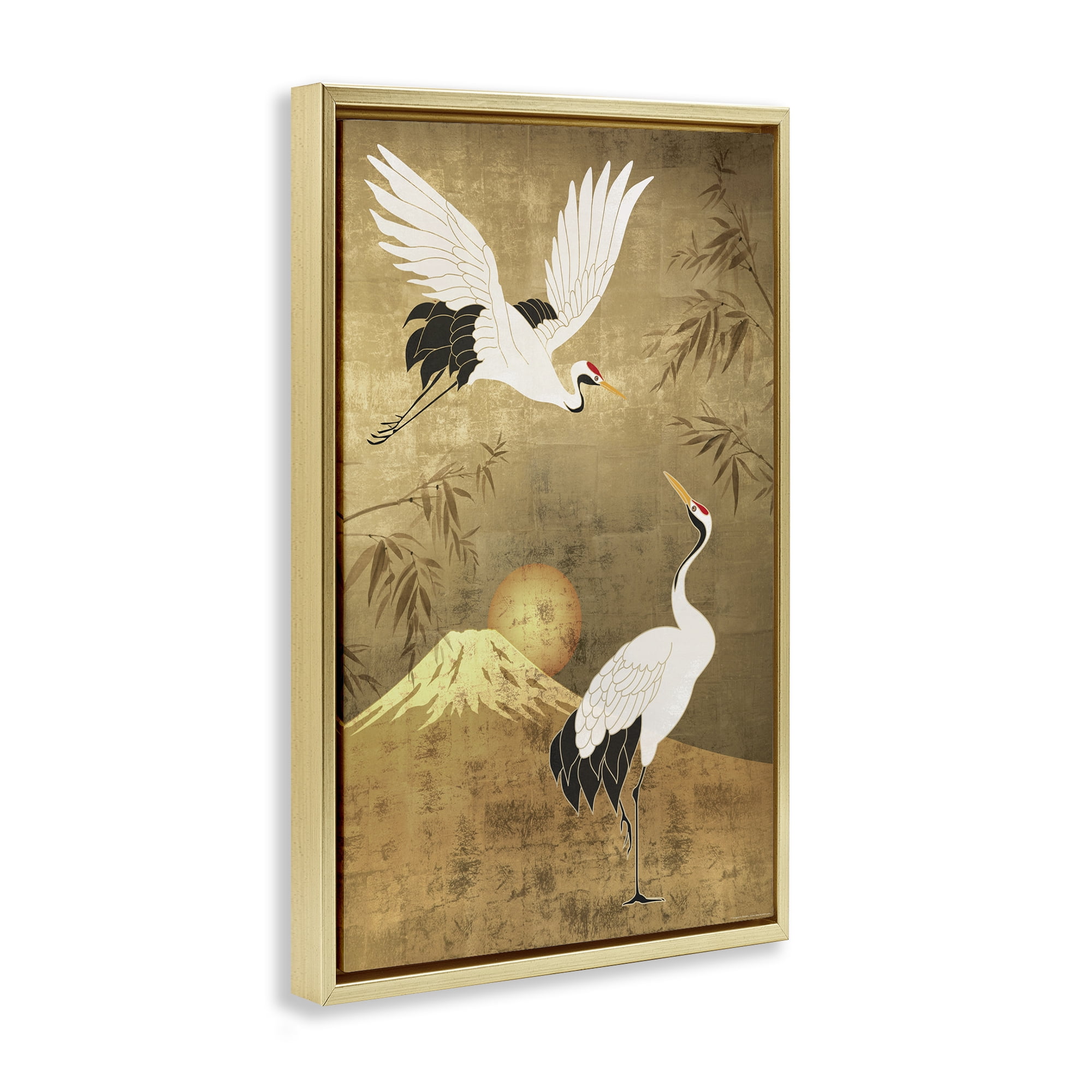 Stupell Industries Traditional Cranes & Mountain Animals Painting Gold Floater Framed Canvas Art Print Wall Art, 21 x 31
