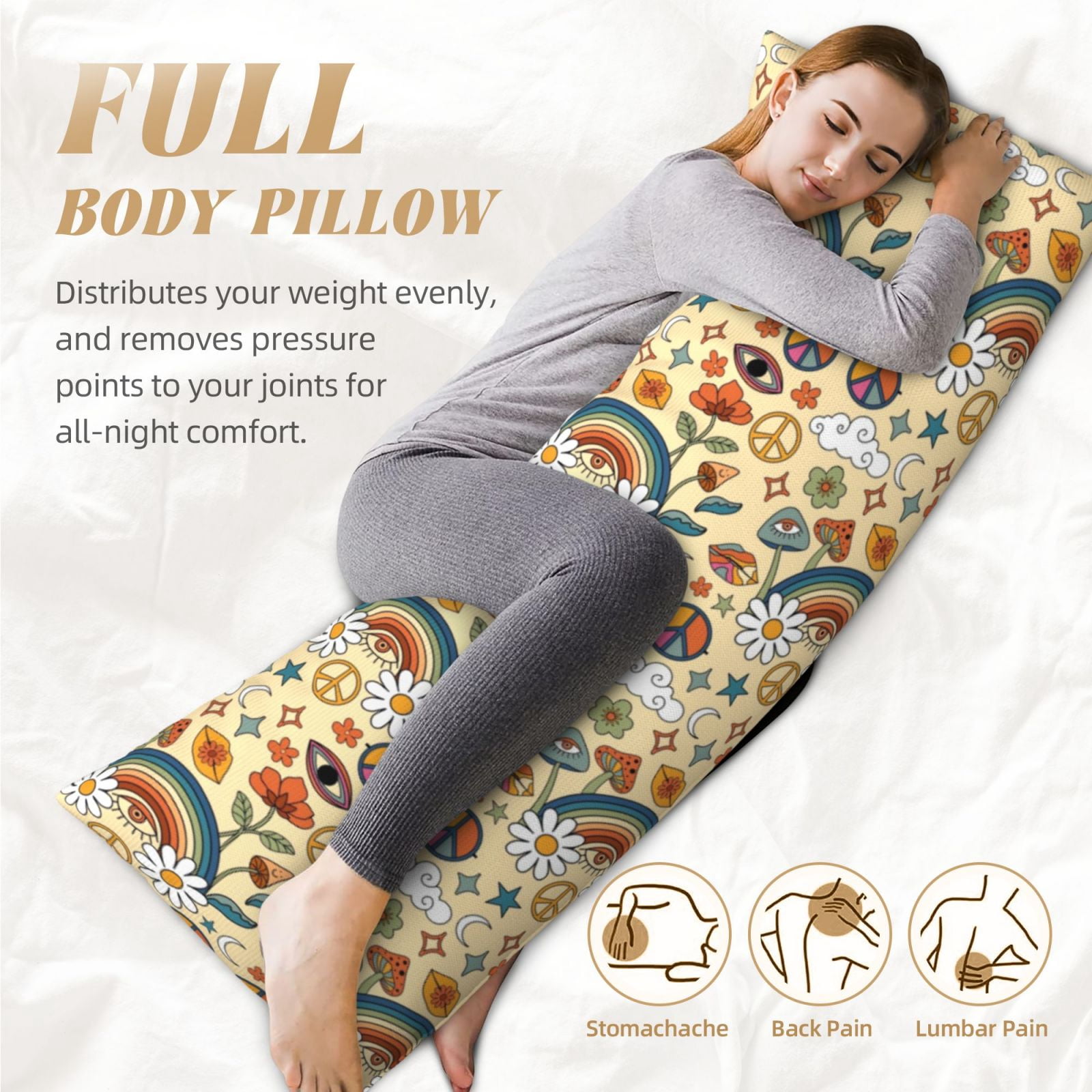 Naloa 70s Hippie Style Super Soft 20x60 Body Pillow Case,Long Side Hidden Zipper（PILLOWS ARE NOT INCLUDED）