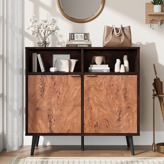 Buffet Cabinet Sideboard with Storage, 31.5'' Credenza Storage Cabinet with Doors, Kitchen Buffet Coffee Station Cabinet Living Room, Metal Handle, Robot Vacuum Friendly (Walnut)
