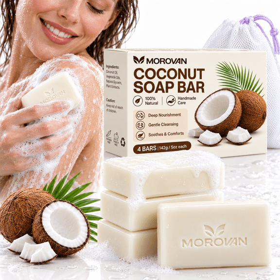 MOROVAN Coconut Soap Bar Moisturizing Gentle Body Cleansing for Men and Women 4 Pack