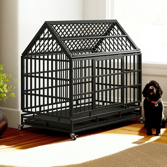 Pefilos 48" Heavy Duty Dog Crate with Pointed Roof and Removable Tray, Folding Metal Kennel for Medium and Large Dogs, Pet Playpen with Four Wheels, Black