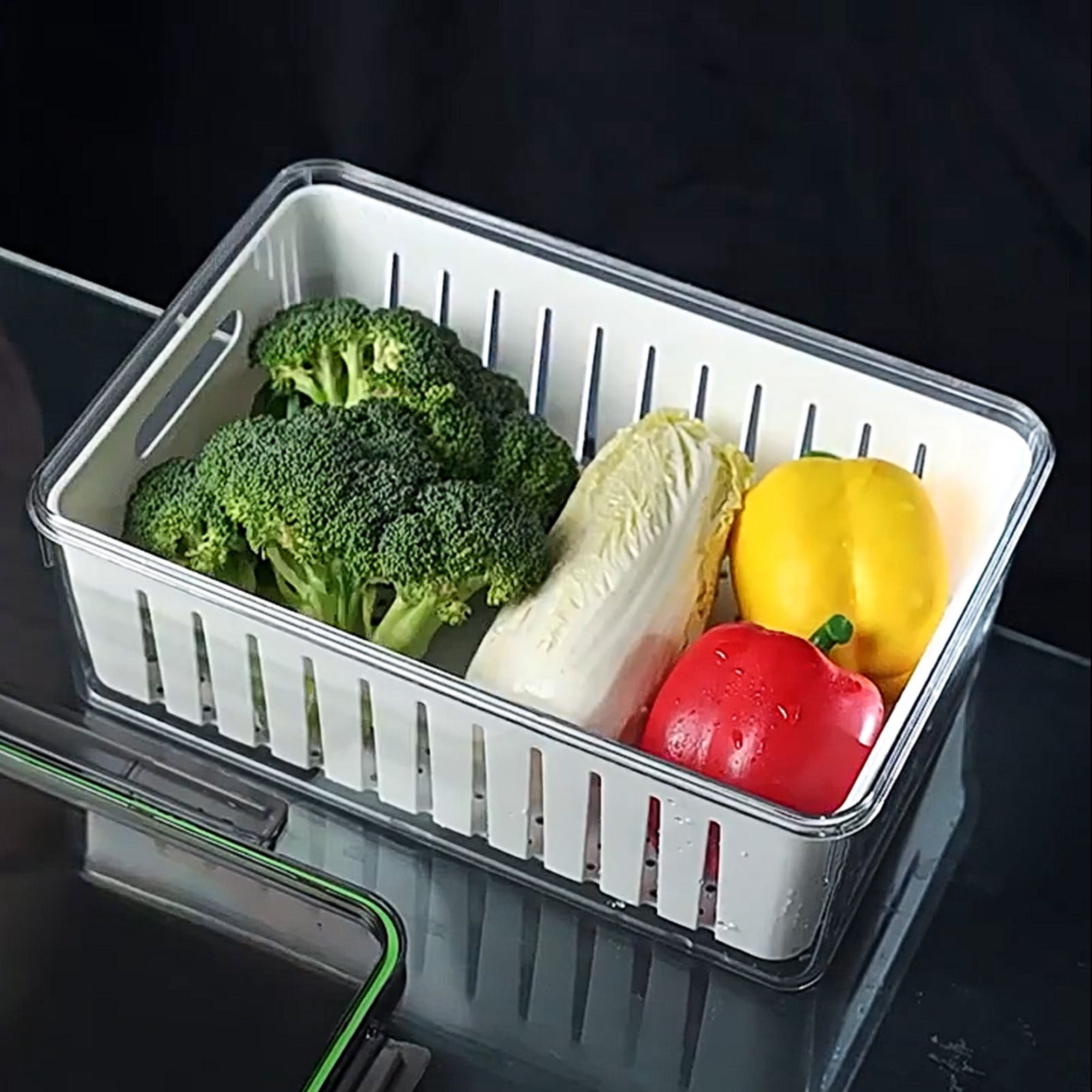 Large Capacity Food Storage Container with Colander Insert - Draining Produce Keeper for Fruits Vegetables and Salad Greens - 12.6x8.7x4.5 Inch Leak Proof Airtight Container for Fridge Pantry