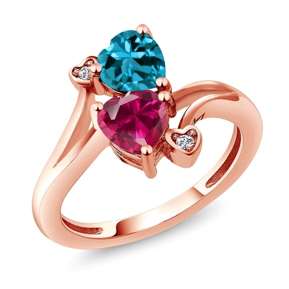 Gem Stone King 18K Rose Gold Plated Silver London Blue Topaz Red Created Ruby and White Moissanite Ring for Women (1.94 Cttw, Heart Shape 6MM, Gemstone November Birthstone, Size 6)