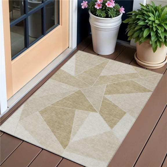 HomeRoots 579529 3 x 5 ft. Geometric Washable Indoor & Outdoor Rectangle Area Rug, Beige, Tan & Ivory