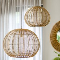 Arturesthome Boho Round Rattan Pendant Light Wicker Lampshade Light Fixture Hand Woven Bamboo Pendant Light Vintage