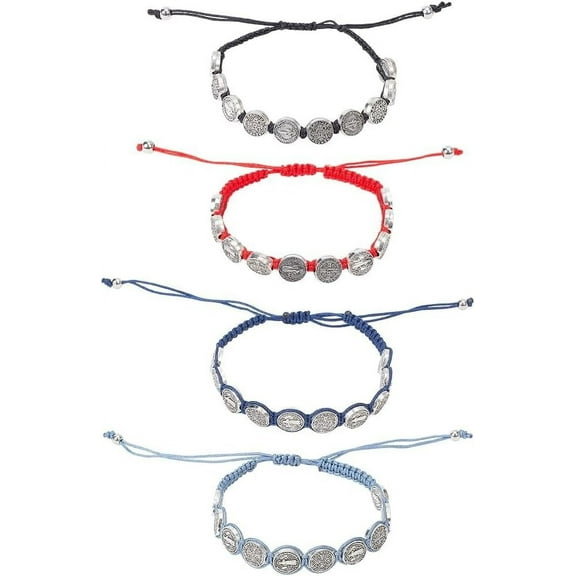 4 PCS Benedict Medal Bracelet Blessing Bracelet for Women Adjustable Cord Madel Bracelet Benedictine Handmade San Benito Bracelet Red String Bracelet Protection Amulet Jewelry Gift Mixed Color