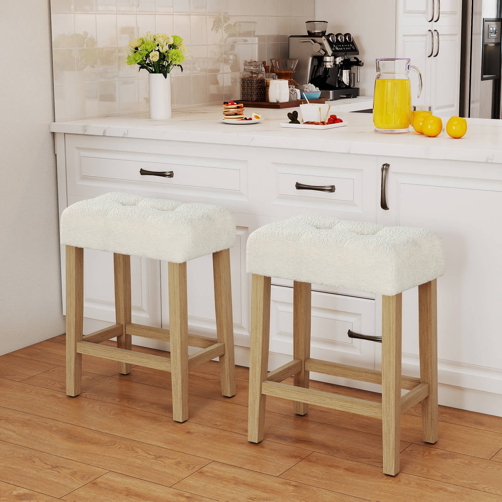 Costway Counter Height Bar Stools Set of 2 with Rubber Wood Legs Footrest Modern for Home Beige