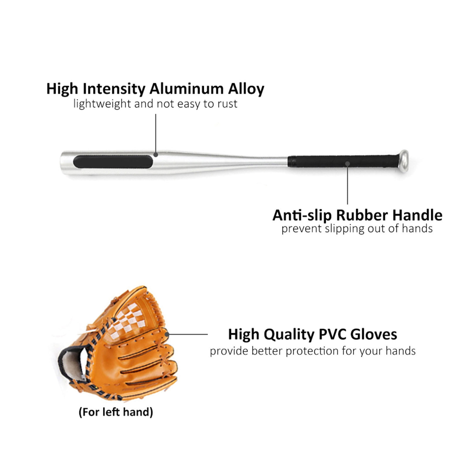 Baseball Balls Set Bat+Baseball+Baseball Gloves 25in Aluminum Alloy Bat 10.5in PVC Glove Kit for Youth Kids