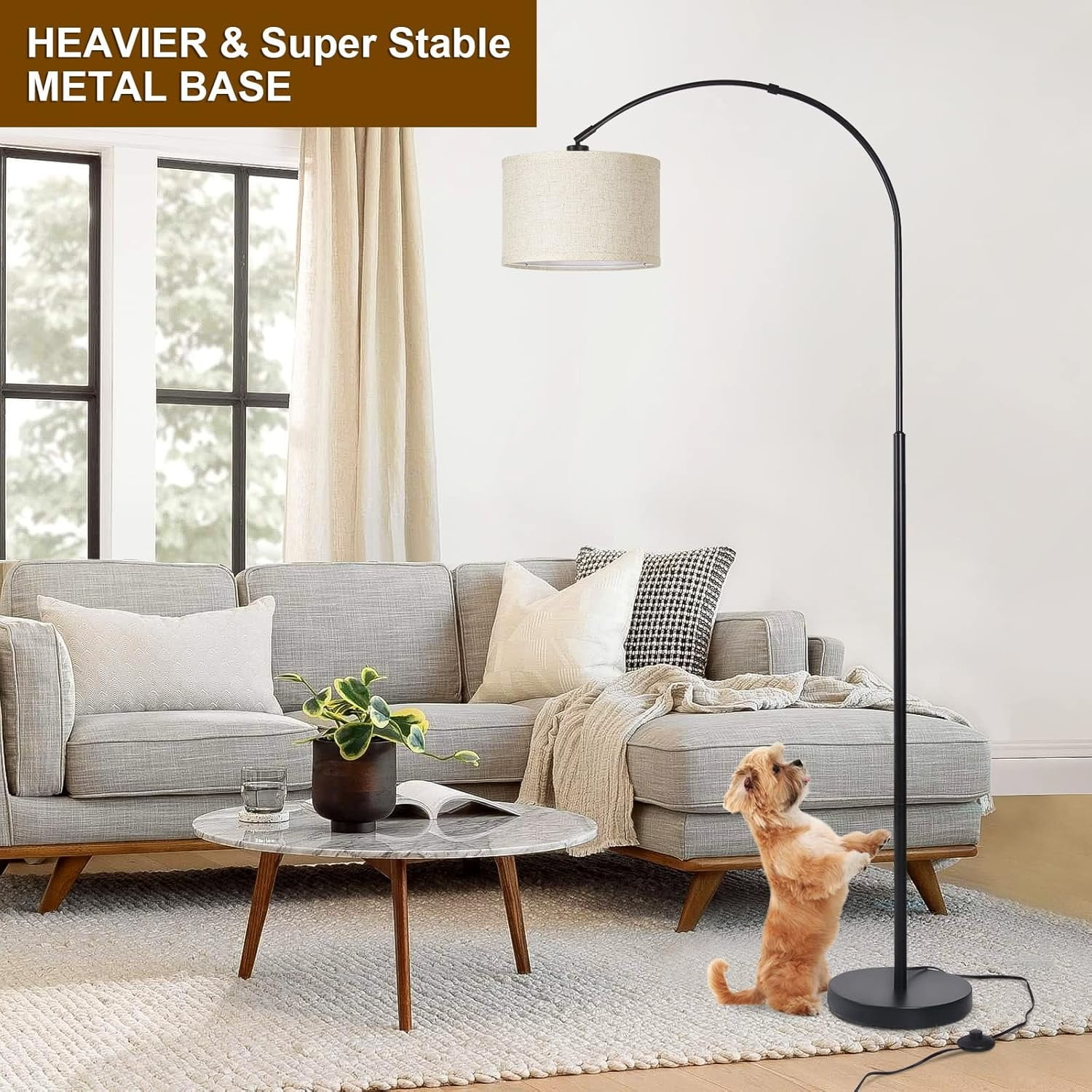 Floor Lamps for Living Room, Modern Standing Lamp with Adjustable Hanging Drum Shade, Tall Pole Lamp with Foot Switch, Over Couch Arched Reading Light for Bedroom, Office (Black)