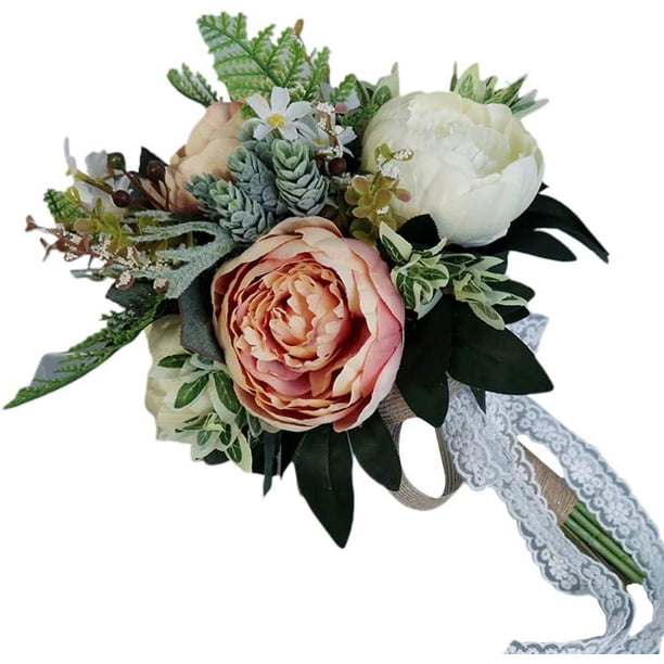 Nvzi Ramo de novia vintage europeo con flores de peonía artificiales y polvorientas, planta suculenta falsa, cinta de encaje, decoración para fiesta de dama de honor